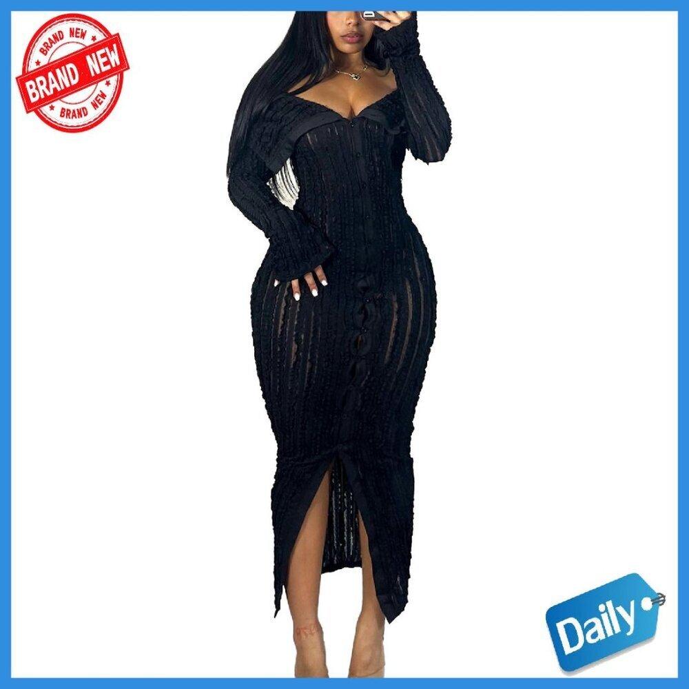 Sexy Off Shoulder Mesh Ruffle Maxi Dress Long Sleeve Bodycon